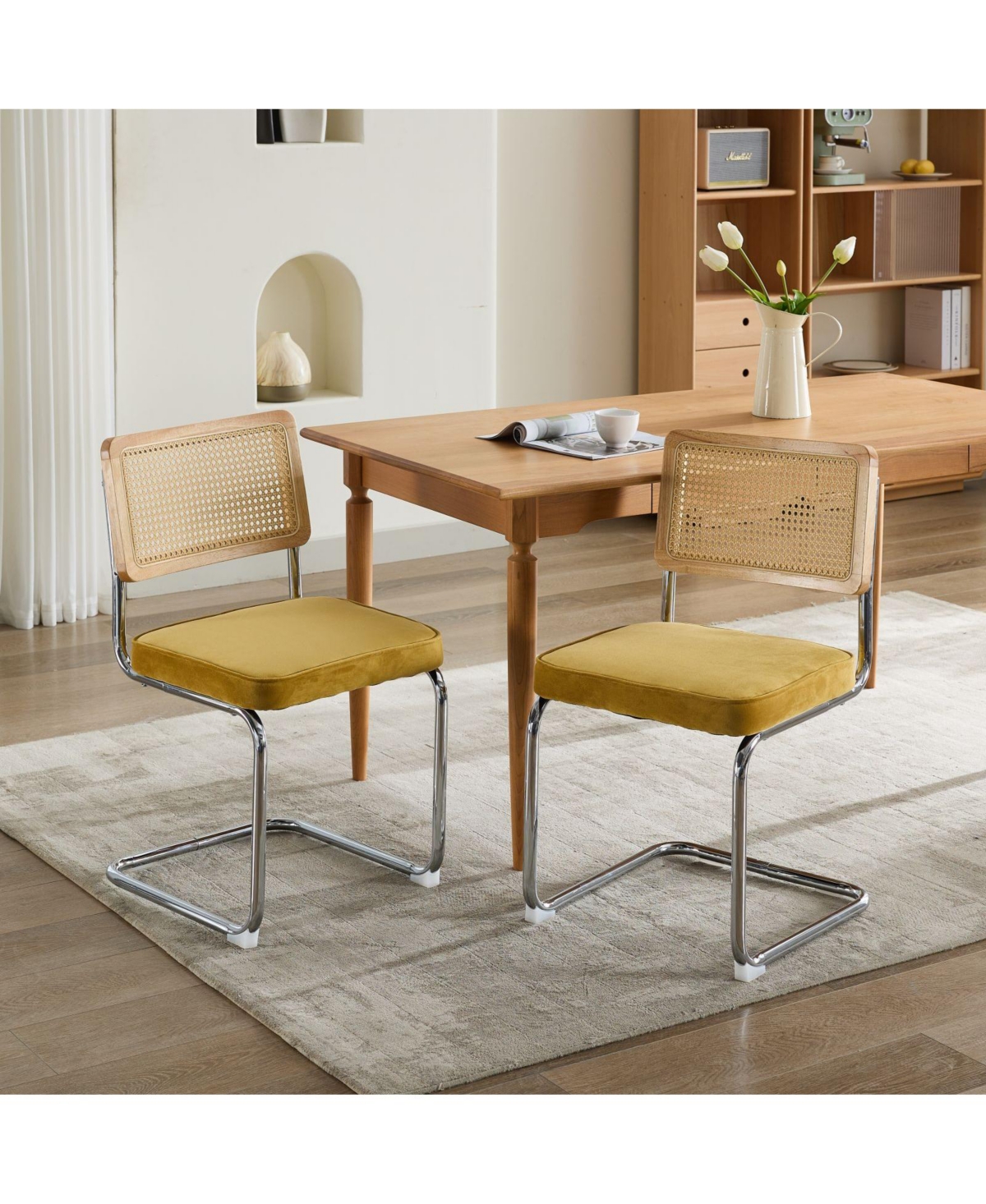 Flynama Set of 2 Cane Back Cantilever Dining Chairs, Velvet Upholstered Chrome Double Steel Pipe Base 360 Lbs Capacity
