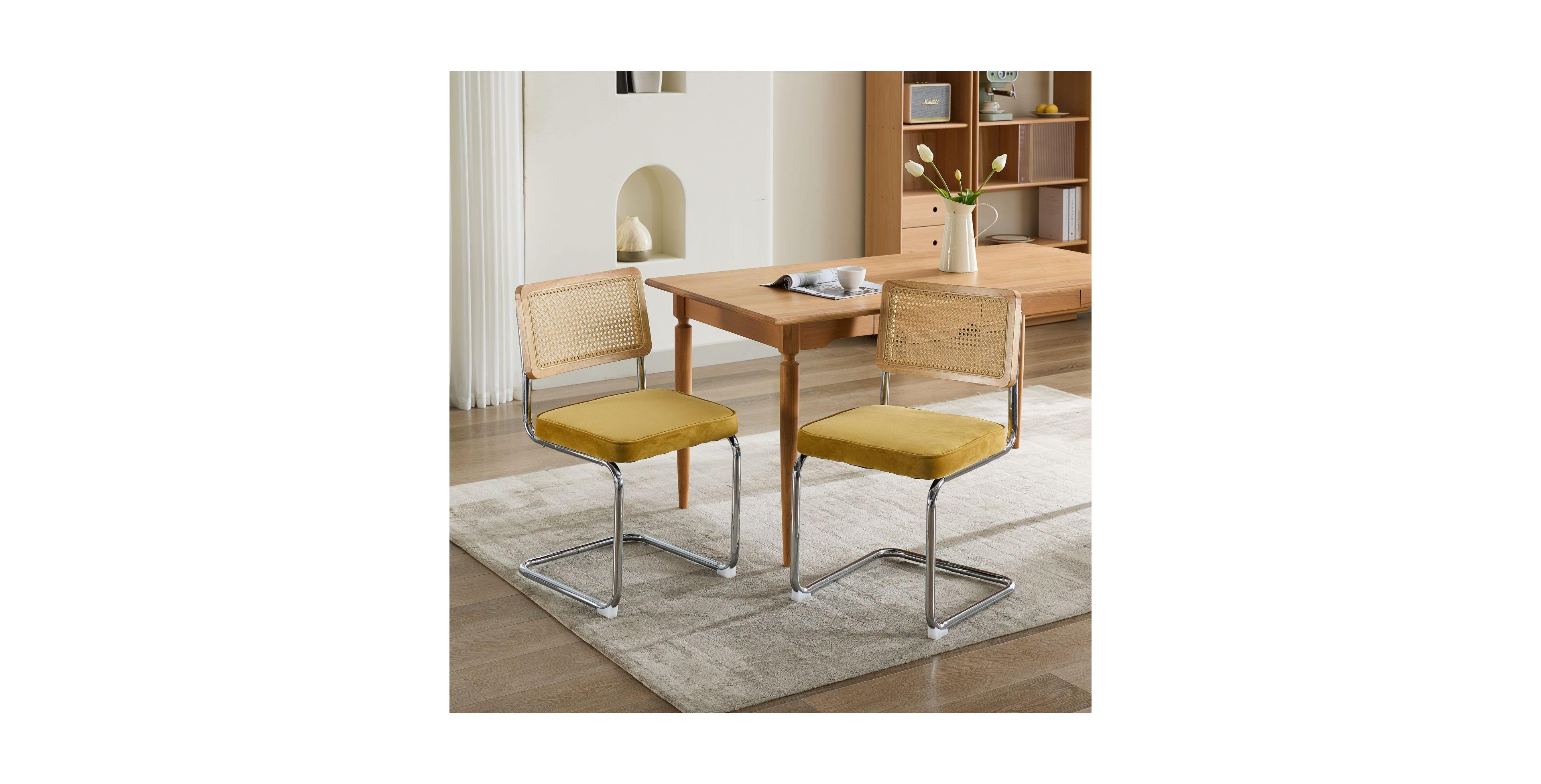 Flynama Set of 2 Cane Back Cantilever Dining Chairs, Velvet Upholstered Chrome Double Steel Pipe Base 360 Lbs Capacity