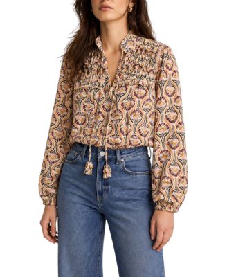 Women's Floral-Print Ruffle-Trim Tie-Front Long-Sleeve Blouse