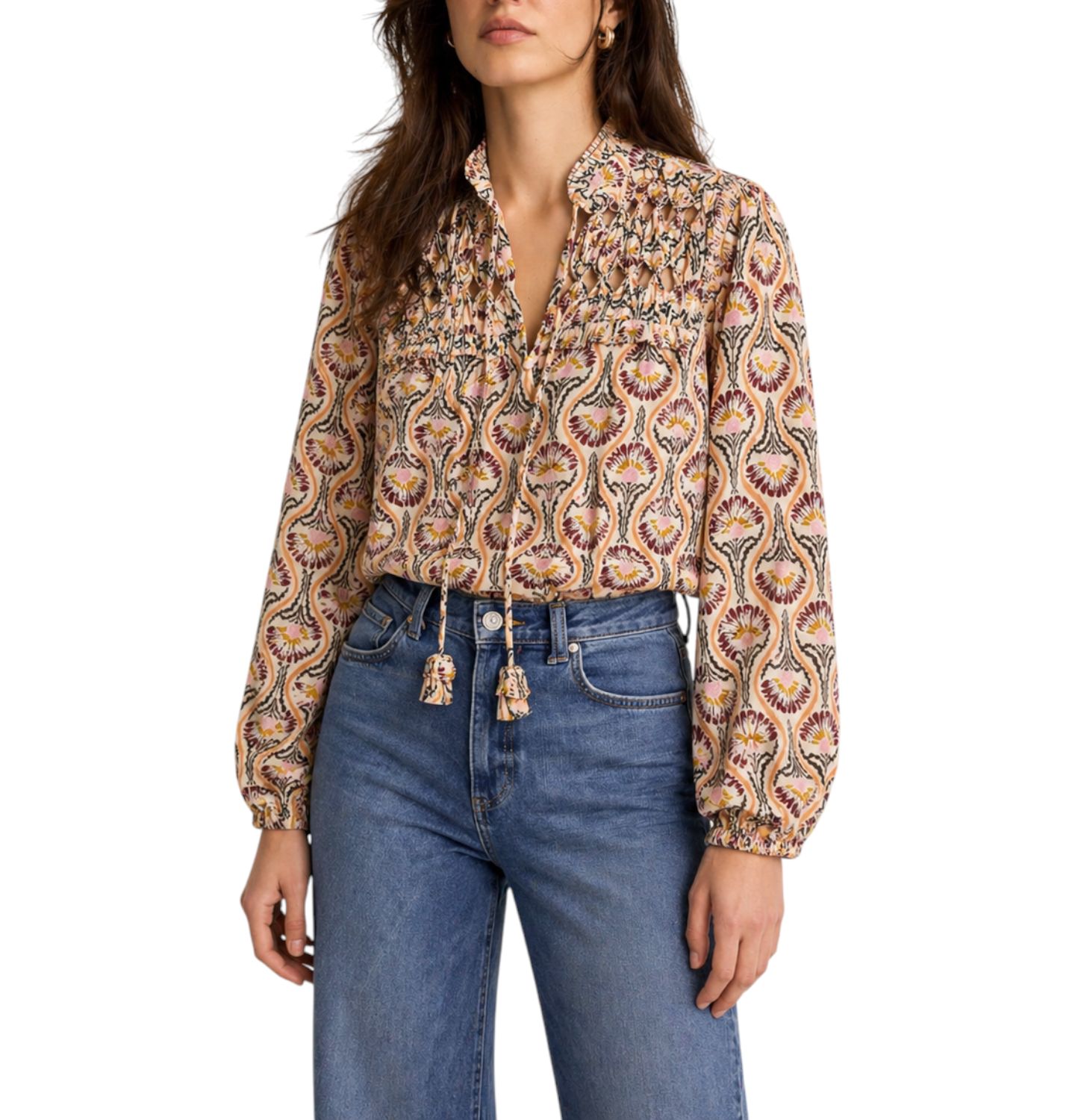 Женская блузка Mint Velvet Floral-Print Ruffle-Trim Tie-Front Long-Sleeve, цвет: Коричневый — фото 1