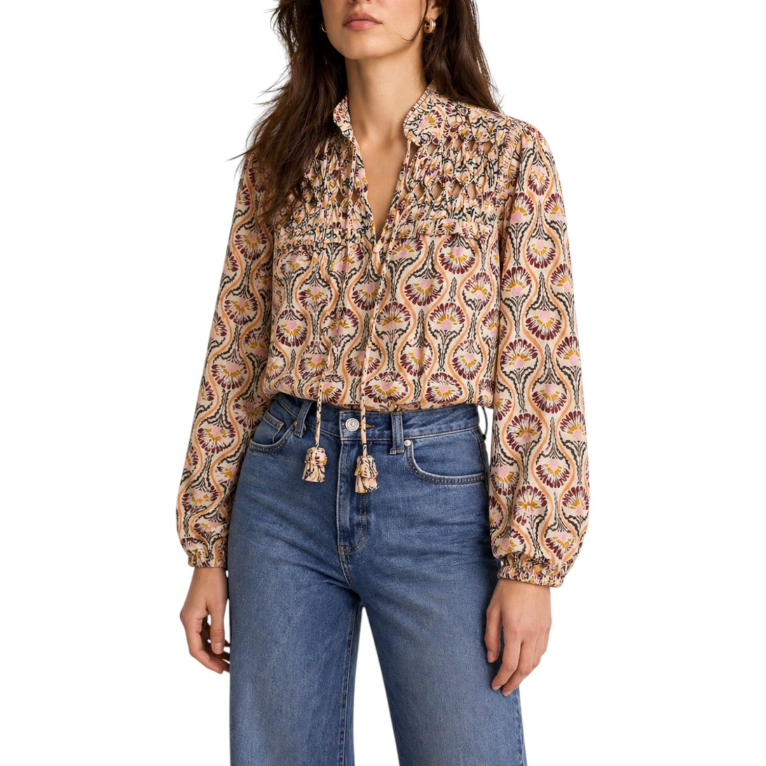 Women's Floral-Print Ruffle-Trim Tie-Front Long-Sleeve Blouse