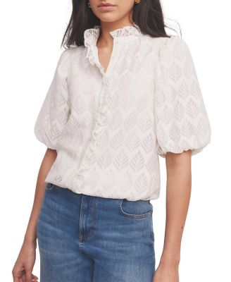 Women's Short Puff Sleeve Jacquard Ruffle-Trim Blouse