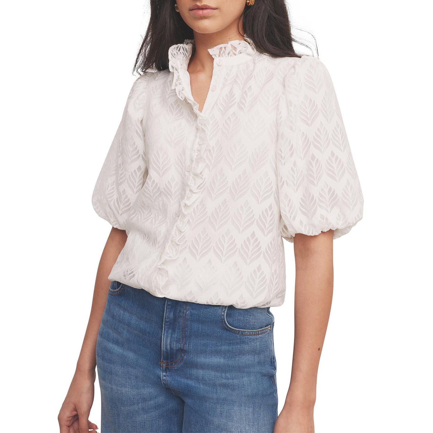 Women's Short Puff Sleeve Jacquard Ruffle-Trim Blouse