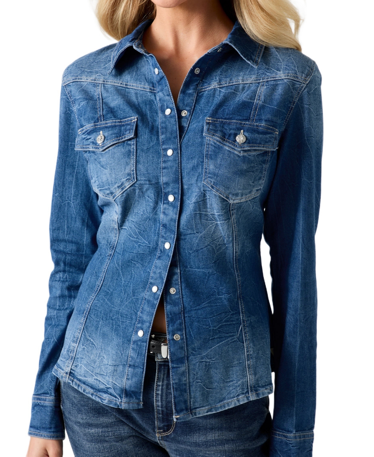 Guess Women's Denim Long-Sleeve Slim-Fit Button-Up Shirt