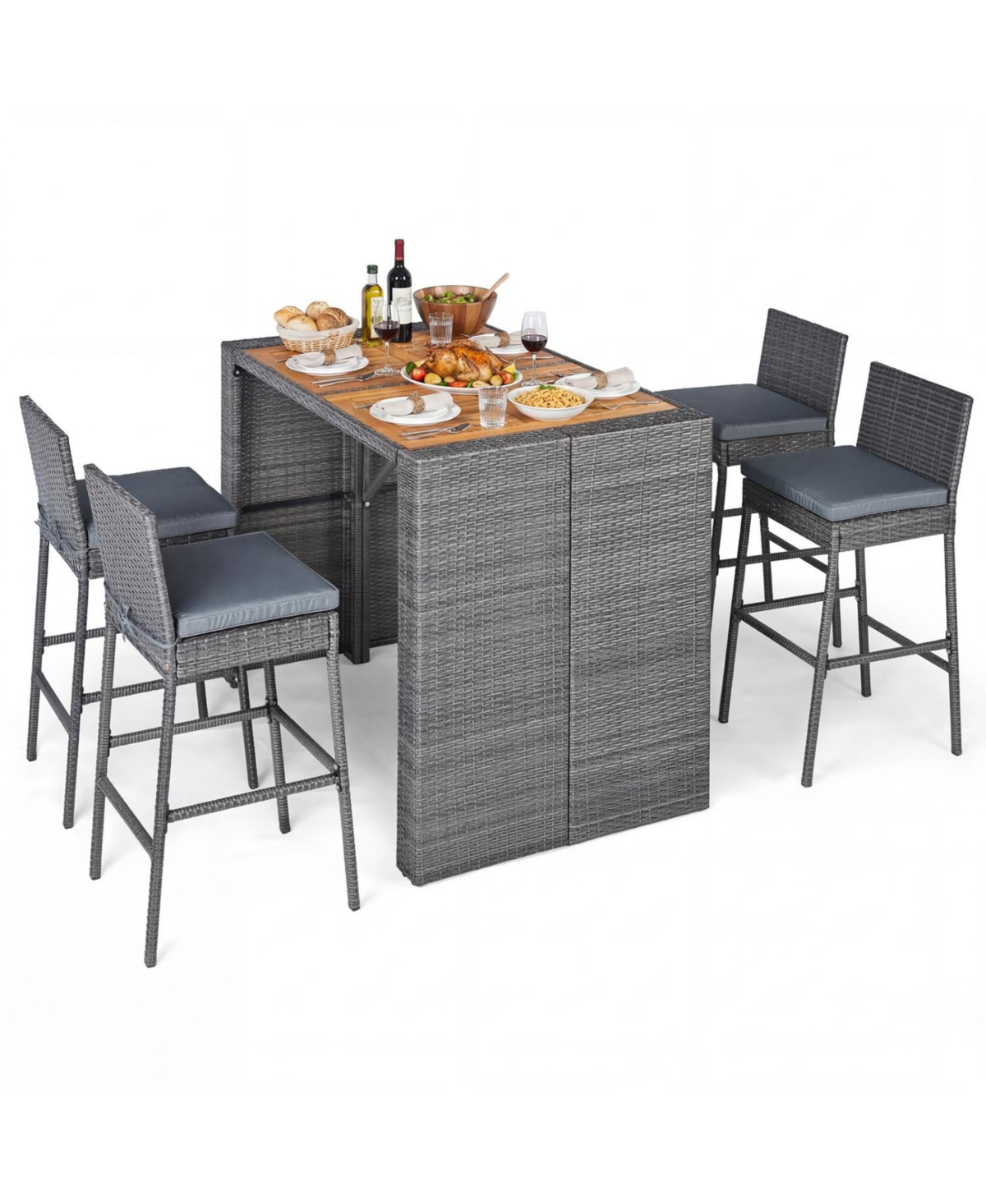Mecale 5-Piece Patio Bar-Height Set with Acacia Table and 4 Stools