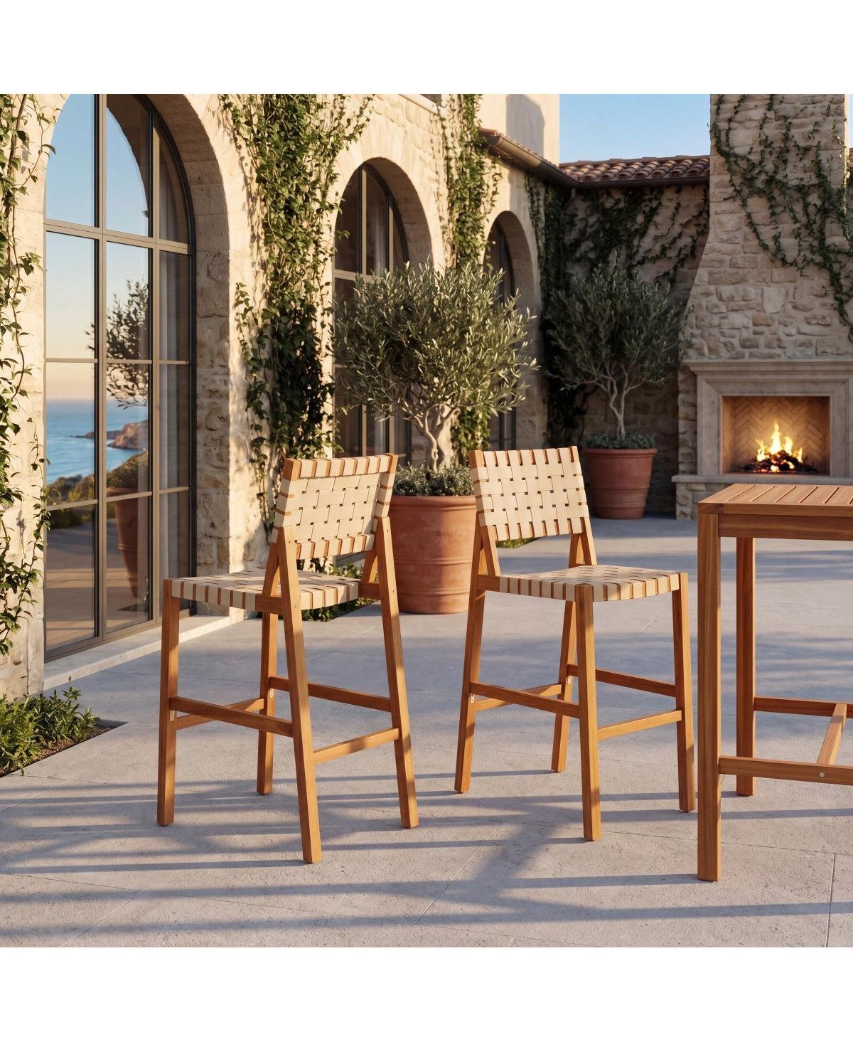 Asagikoiai 5-Piece Acacia Wood Outdoor Bar Height Dining Set with Rope Stools and Square Table