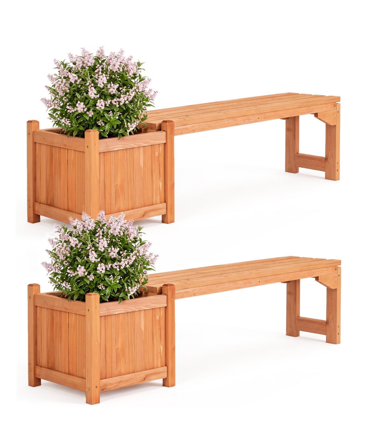 Gymax 2 Piece Outdoor Bench with Raised Garden Bed Fir Wood Planter Box with Spacious Seat