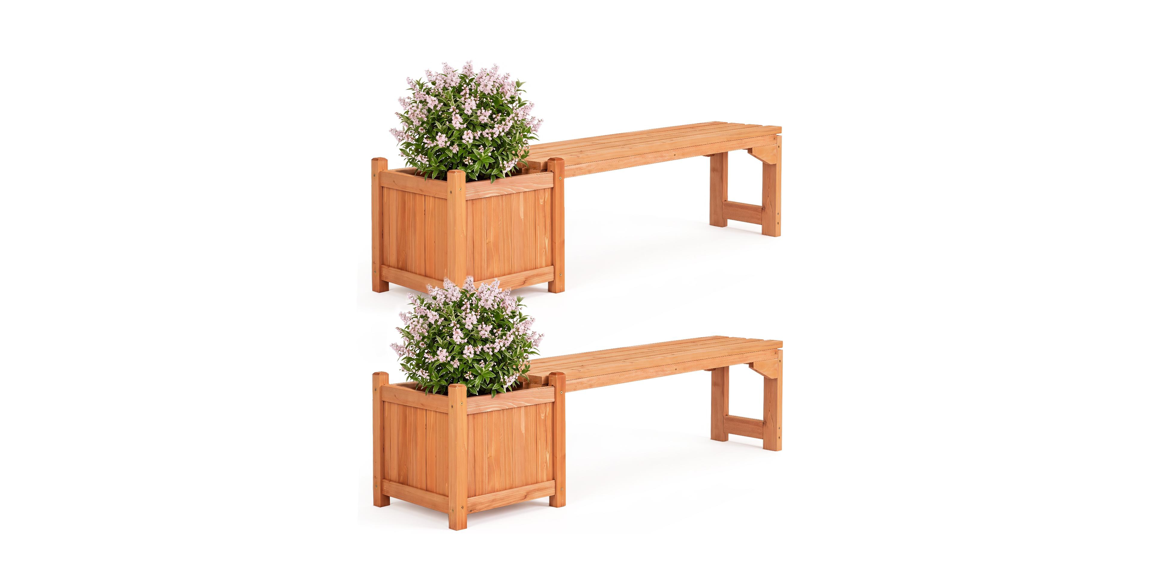Gymax 2 Piece Outdoor Bench with Raised Garden Bed Fir Wood Planter Box with Spacious Seat