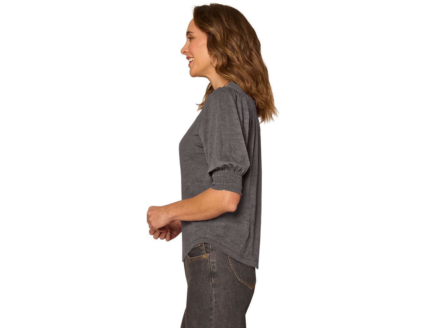Женская блузка Democracy Petite Elbow-Length Blouson Scalloped V-Neck Blouse, цвет: Меланжевый угольный — фото 3