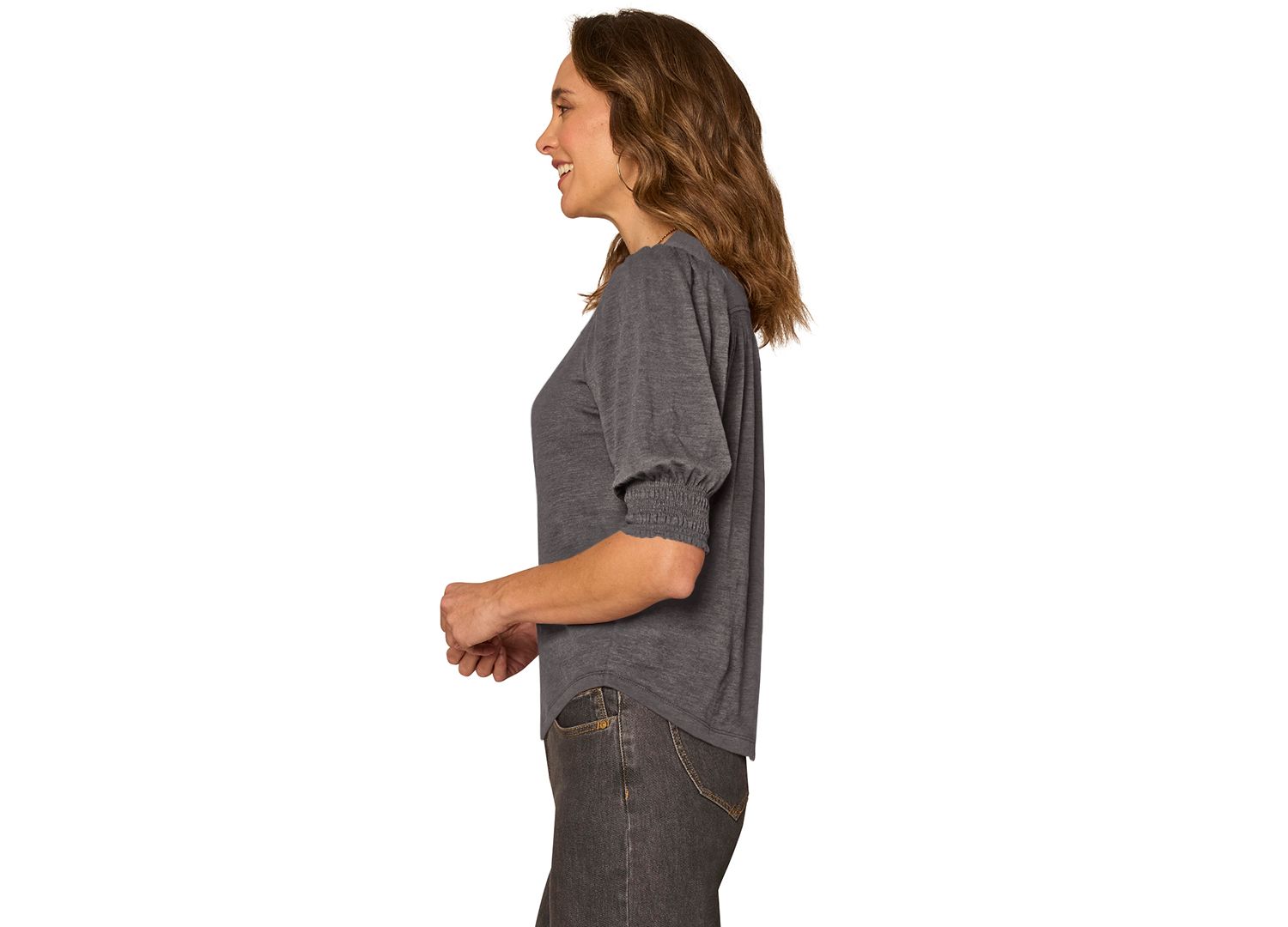 Petite Elbow-Length Blouson Scalloped V-Neck Blouse
