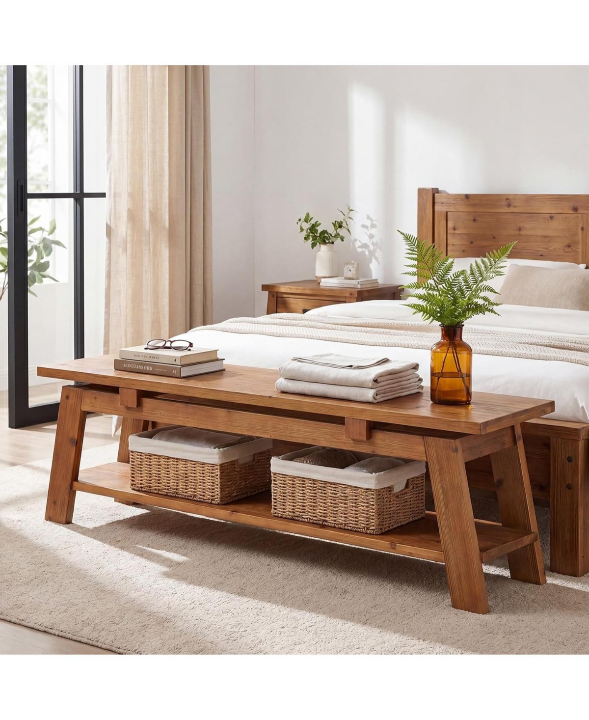 Tribesigns Solid Wood Bench, 55" Farmhouse Entryway Bench with Shoe Storage | 350 lb Capacity, Scratch Resistant, End of Bed Bench Shoe Bench Seat