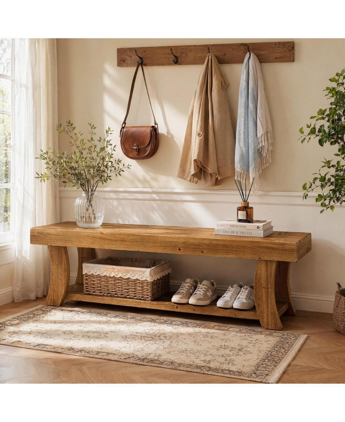 Tribesigns Solid Wood Bench, 63" Long Farmhouse Entryway Bench with Storage, Rustic Narrow Shoe Storage Bench Seat