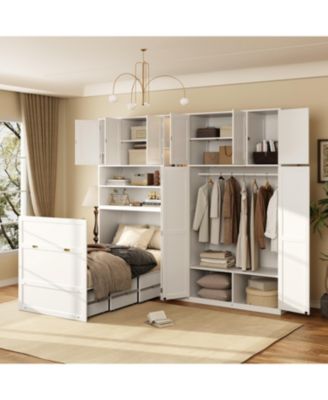 Twin Size Murphy Cabinet Bed with Wardrobe and Storage Shelves, 5-Tier LED Display Shelves, Overhead Cabinets