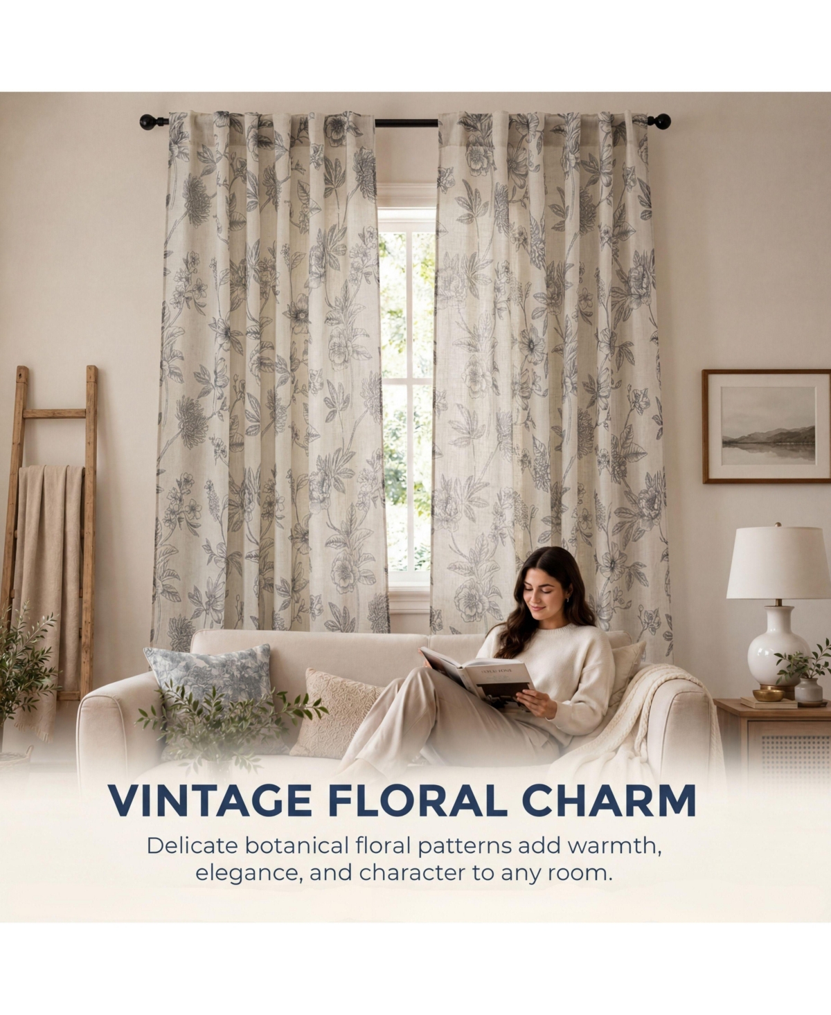 Hlc.me Brookville Linen Floral Print Patterned Curtains - Back Tab Pocket Window Flower Curtains Panels for Bedroom and Living Room