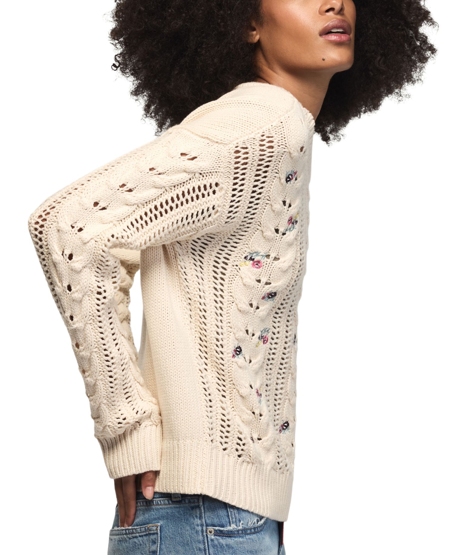 Women's Floral-Embroidered Cable-Knit Crewneck Sweater