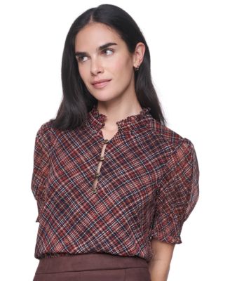 Women's Mock-Neck Short-Sleeve Plaid Blouse