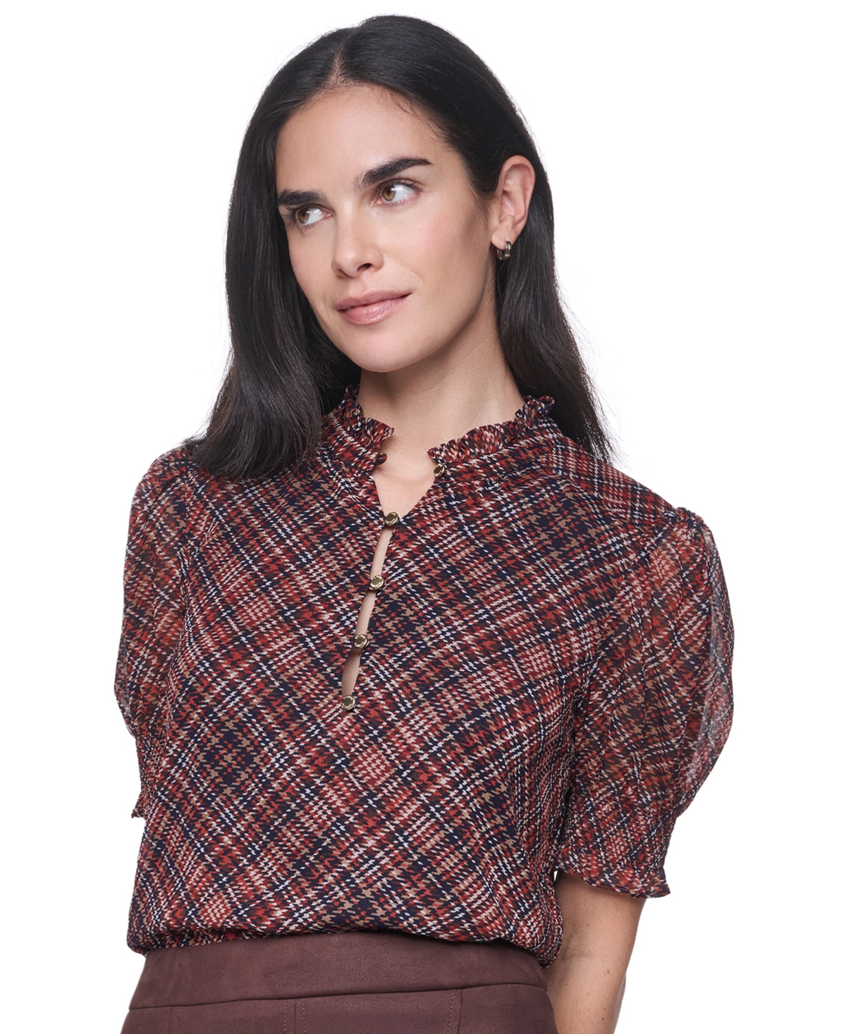 Tommy Hilfiger Women's Mock-Neck Short-Sleeve Plaid Blouse