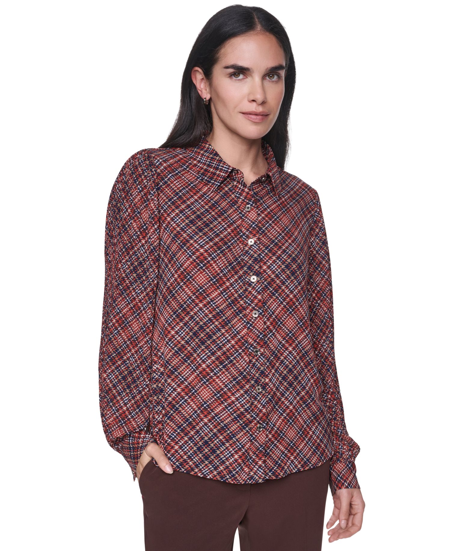 Women's Button-Front Pleated Plaid Long-Sleeve Blouse