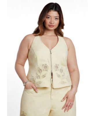 Plus Size Halter Floral-Embroidery Denim Vest