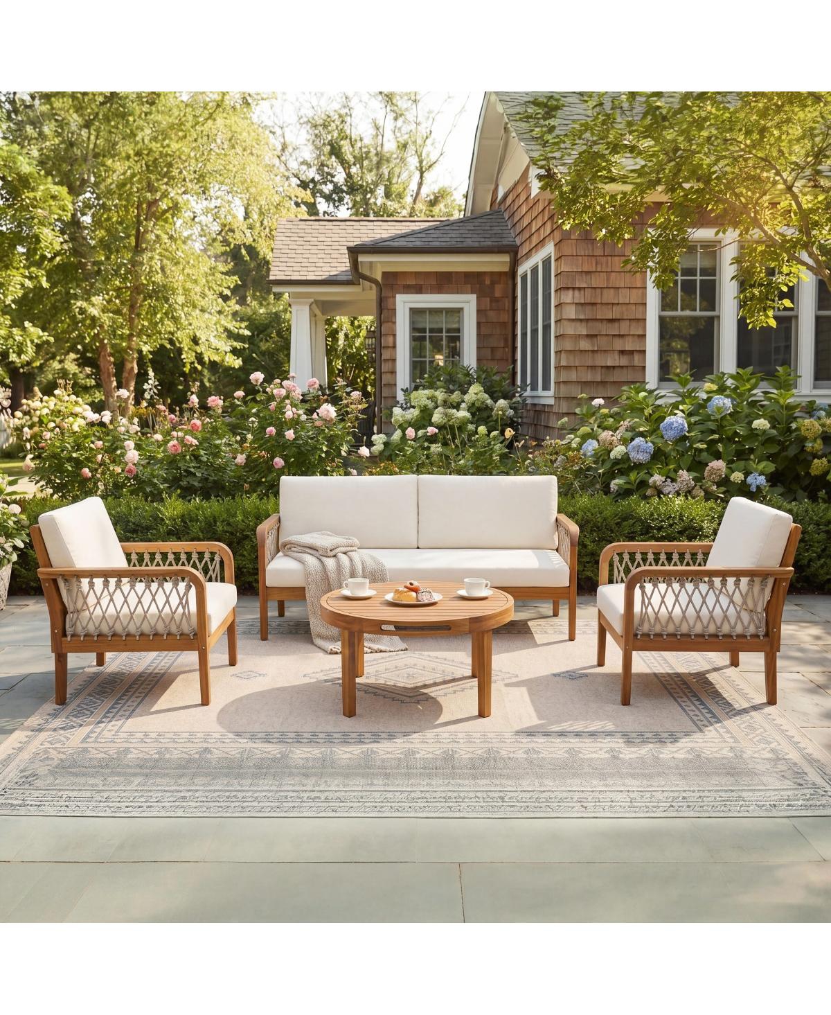 Asagikoiai 4 Piece Acacia Wood Patio Conversation Set with Rope Armrests and Cushions
