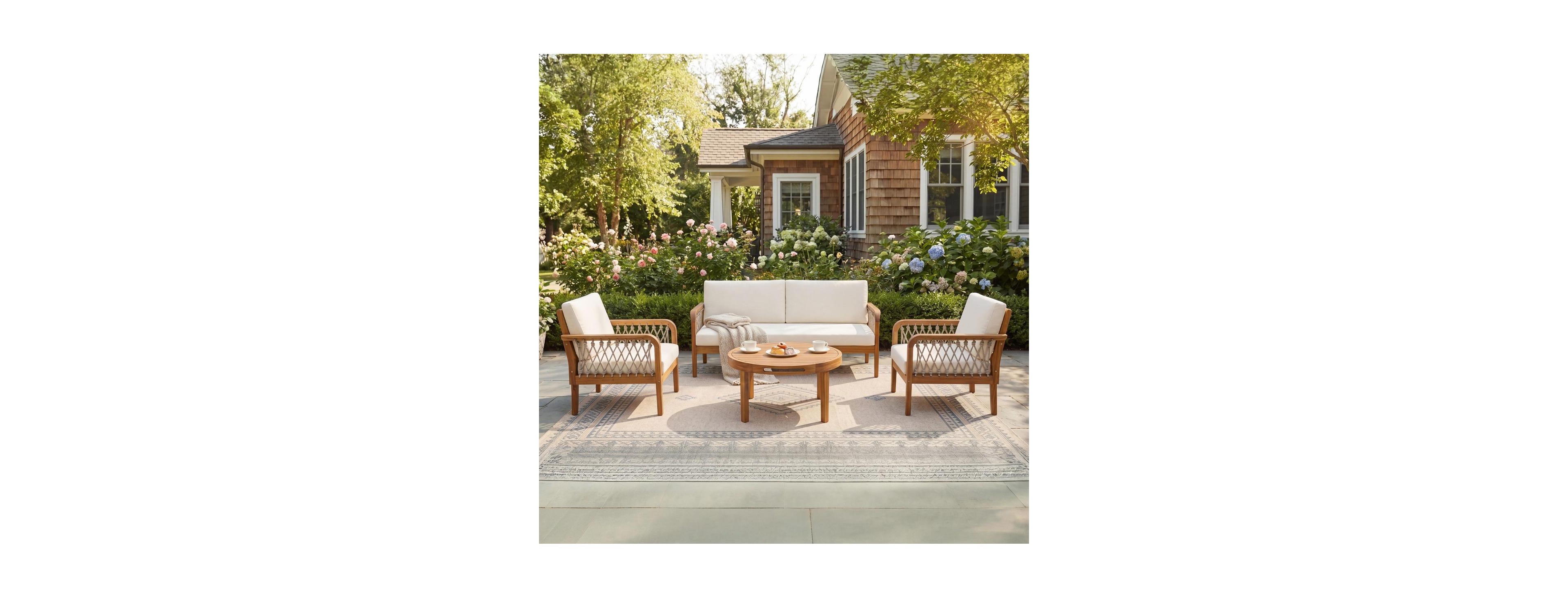 Asagikoiai 4 Piece Acacia Wood Patio Conversation Set with Rope Armrests and Cushions