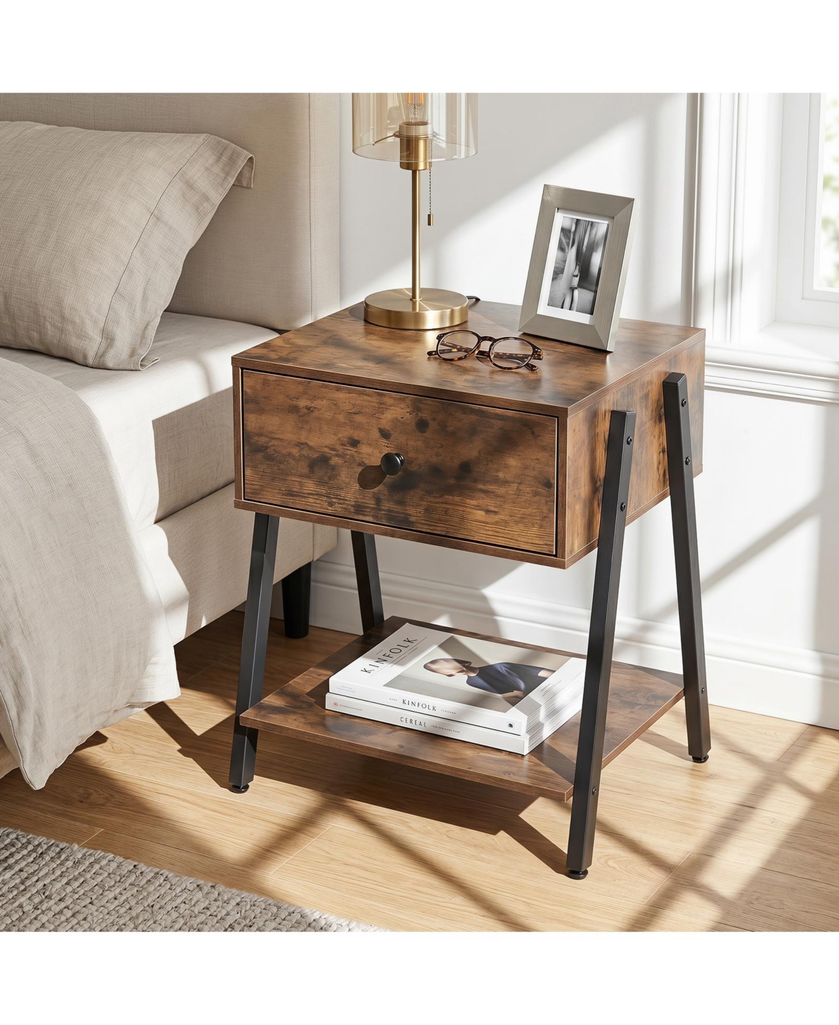 Gymax Industrial Nightstand with Drawer Open Storage Shelf Adjustable Foot Pads