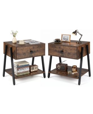 2 Pieces Industrial Nightstand with Drawer Open Storage Shelf Adjustable Foot Pads