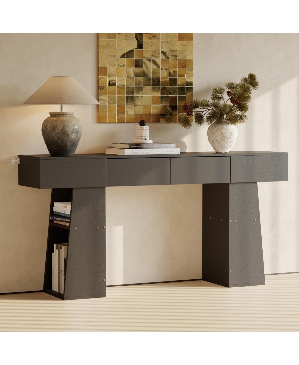 gaomon 63" Long Console Table with 2 Drawers, Modern Farmhouse Entryway Behind Couch Hidden Storage Space
