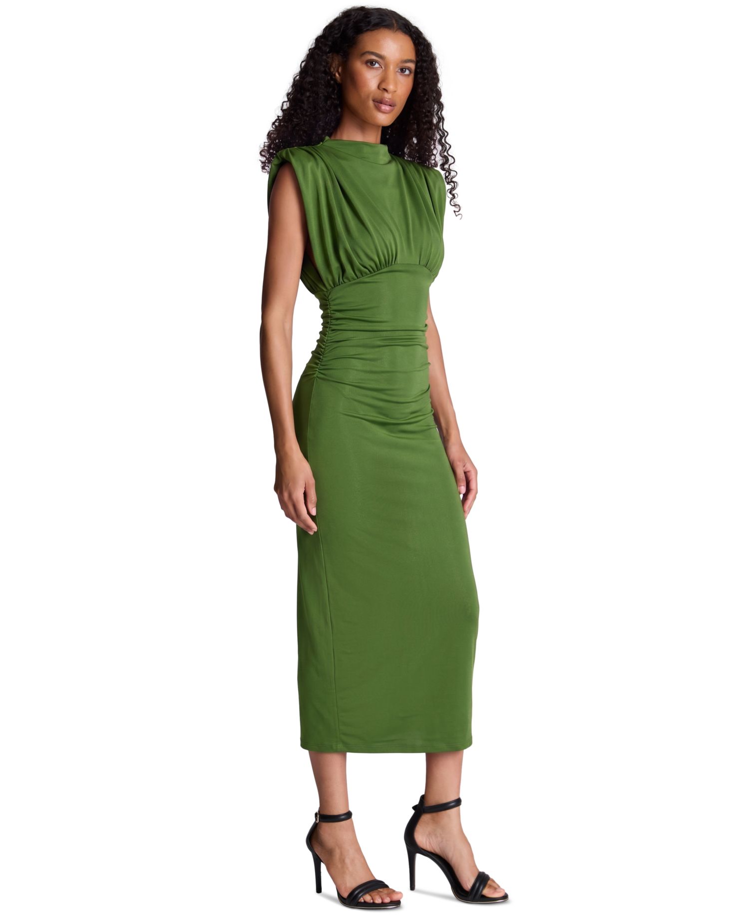 Women's Shoulder Pad Ruched Midi Dress