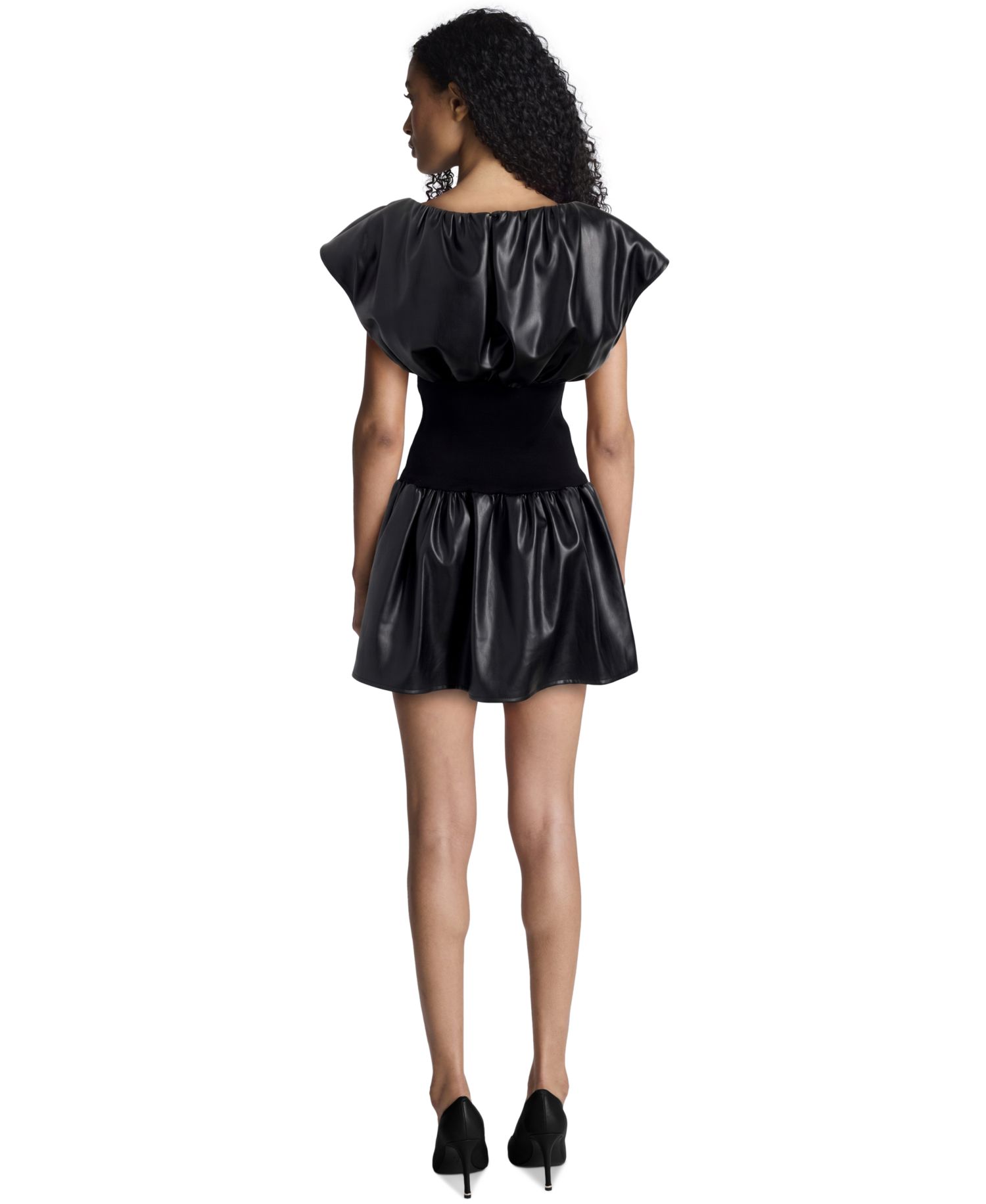 Women's Fit & Flare Ribbed-Waist Faux Leather Mini Dress