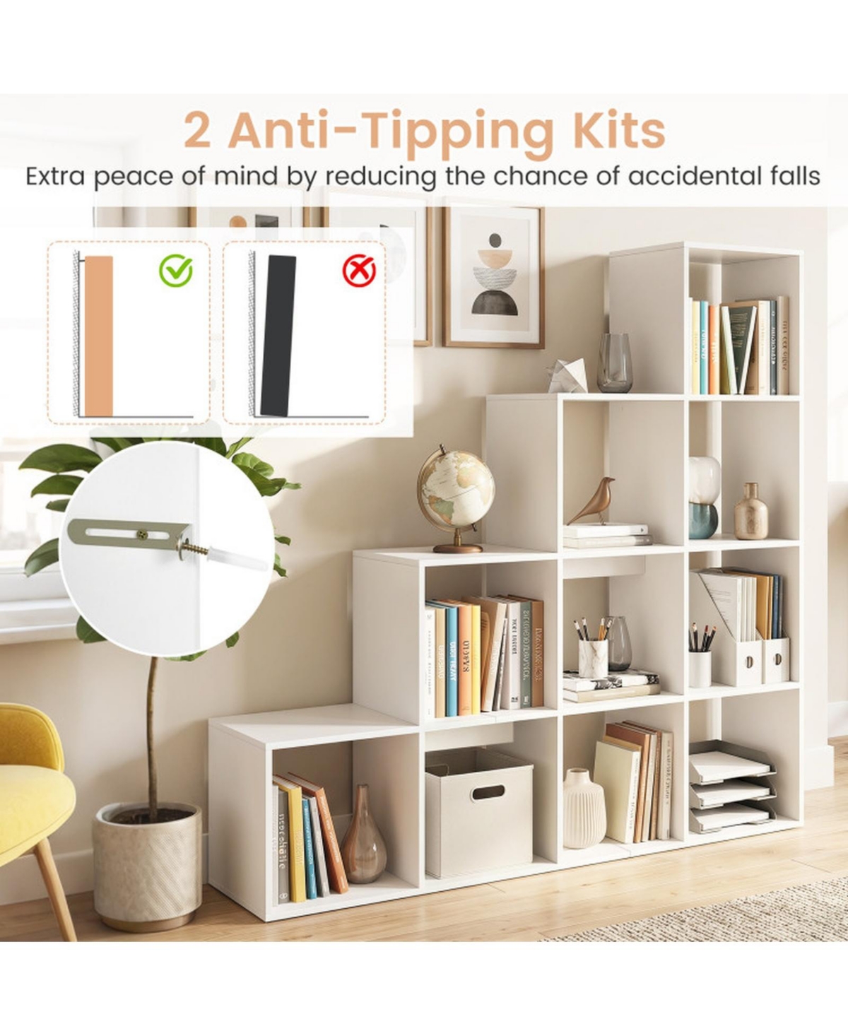Sugift 4-Tier Stepped Bookshelf with 10 Cubes and Anti-Tipping Kits