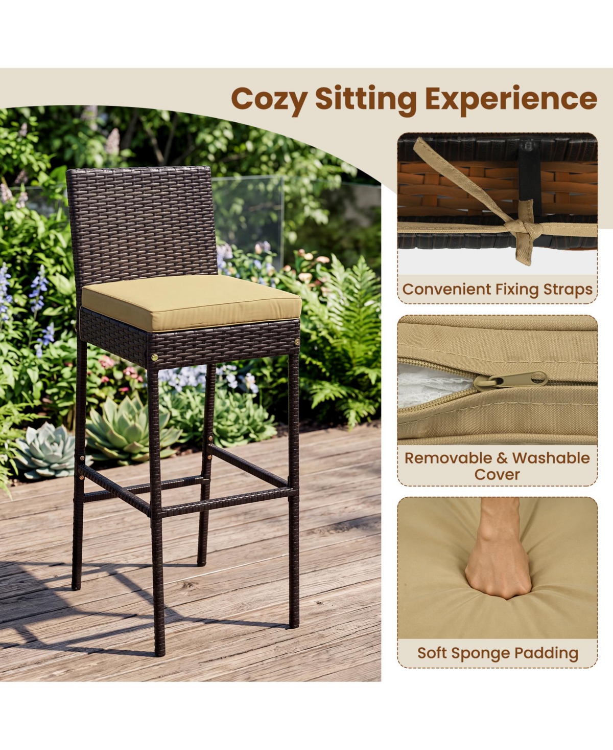 Gymax 7-Piece Pe Wicker Bar Set With Bar Height Table 6 Cushioned Stools for Yard Outdoor