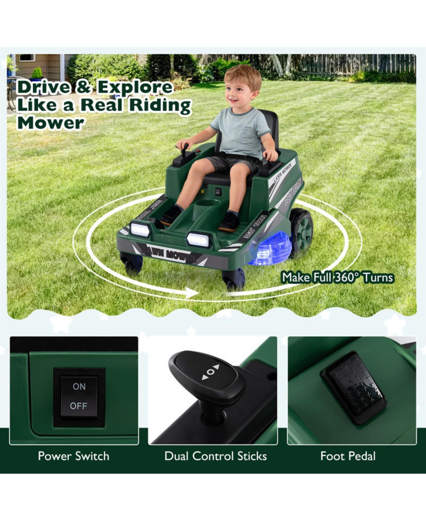 Детская игрушка HONGGE 12V Ride-On Mower with Spinning Blades and LED Lights, 77 lbs., Ages 3–8, цвет: Зелёный — фото 7