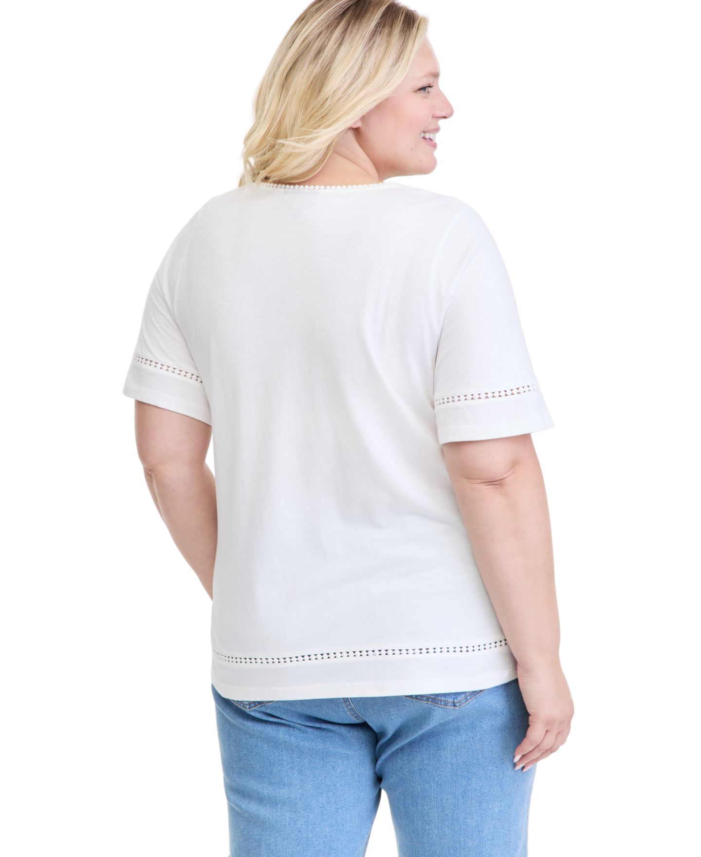 Женский топ Style & Co Plus Size Short-Sleeve V-Neck Pom-Pom Trim, цвет: Яркий белый — фото 2