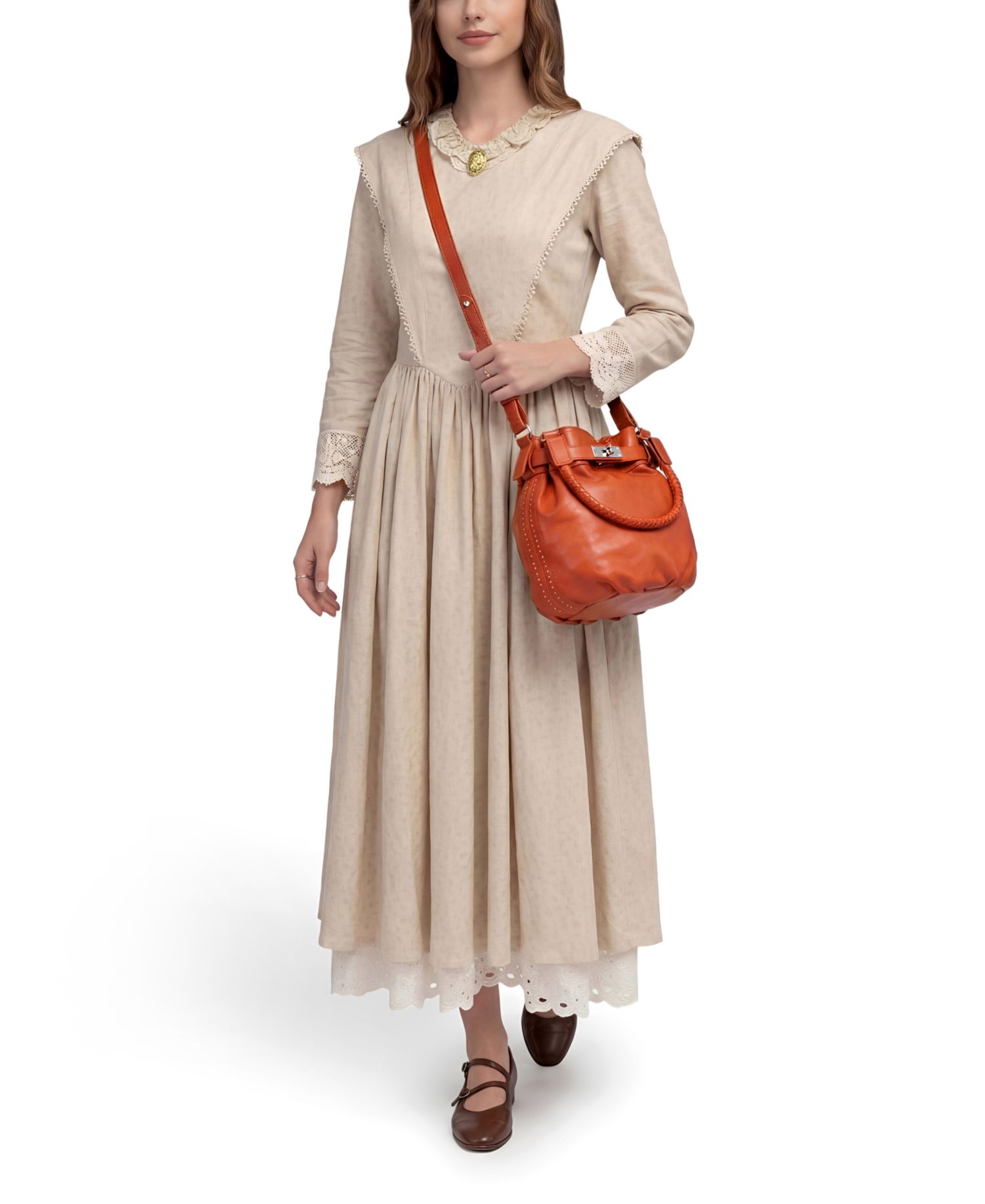 Pumpkin Small Leather Crossbody Bucket Bag