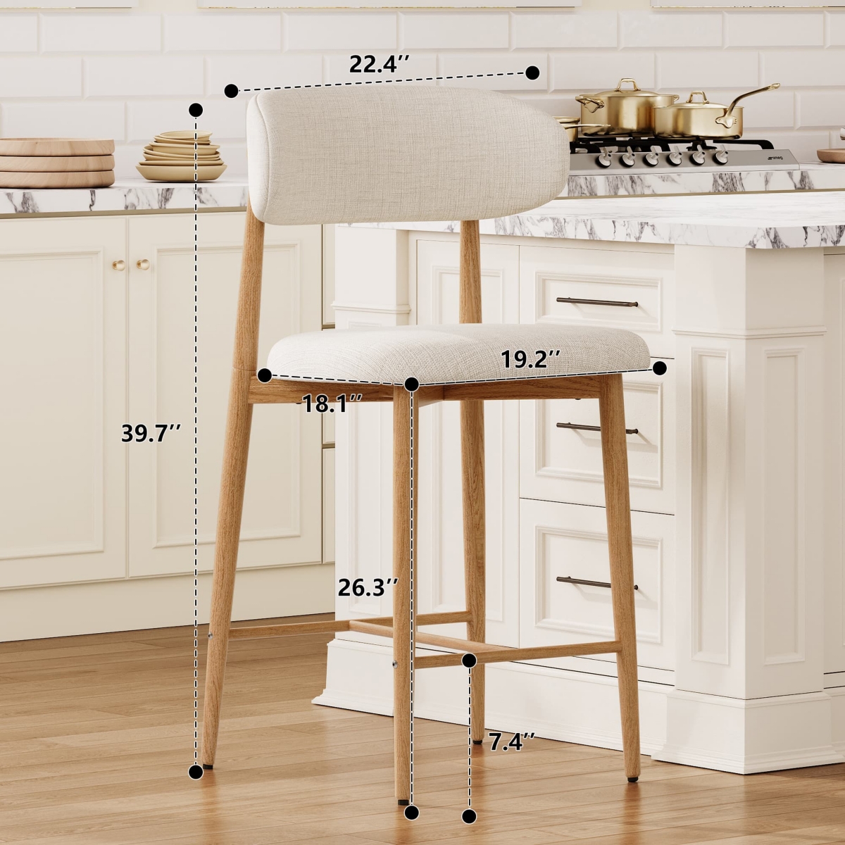 Maison Boucle Set of 2 Modern Mid-Century Counter Height Bar Stools, Linen Upholstered Barstools with Back