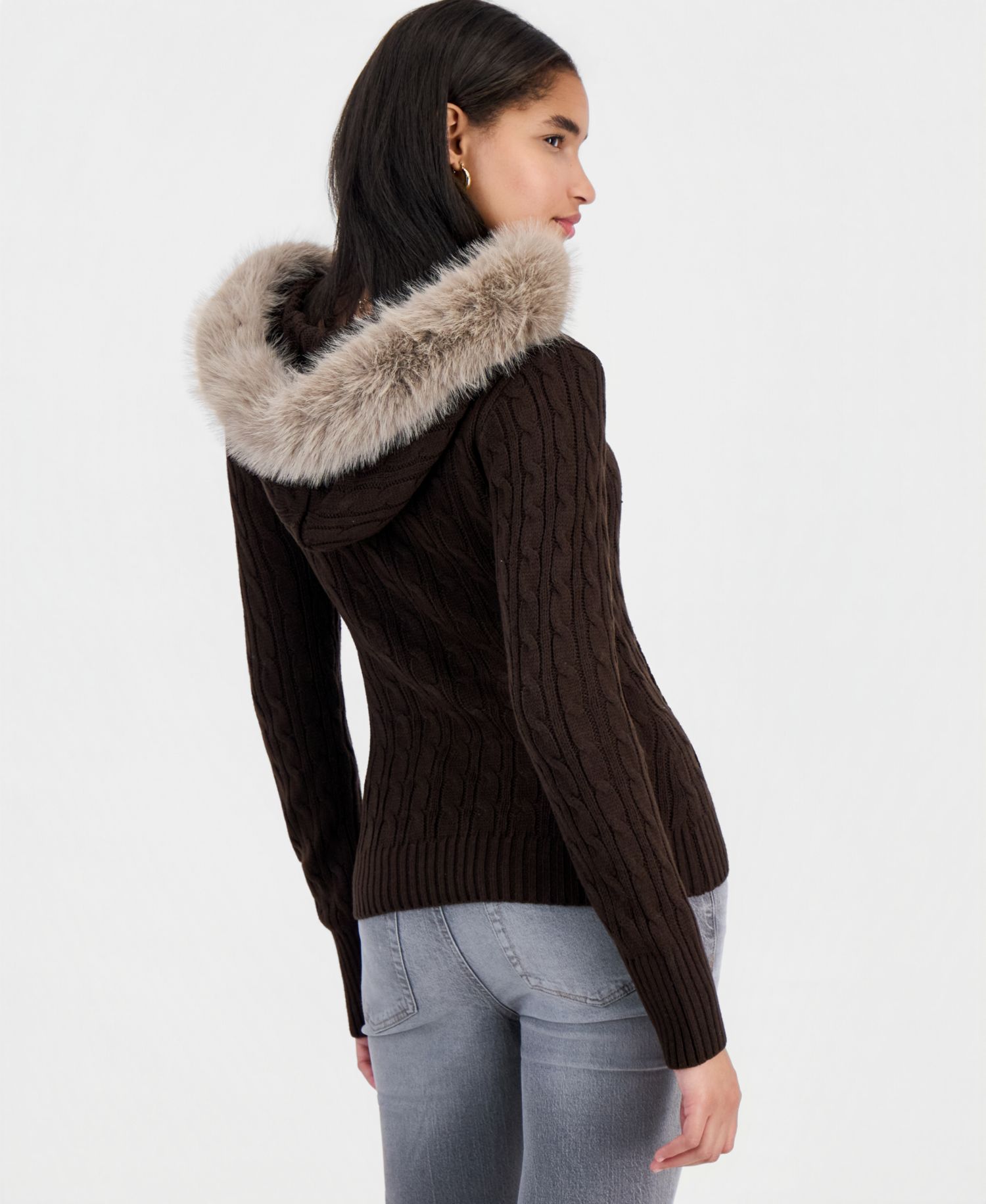 Juniors' Cable-Knit Hooded Faux-Fur Pullover