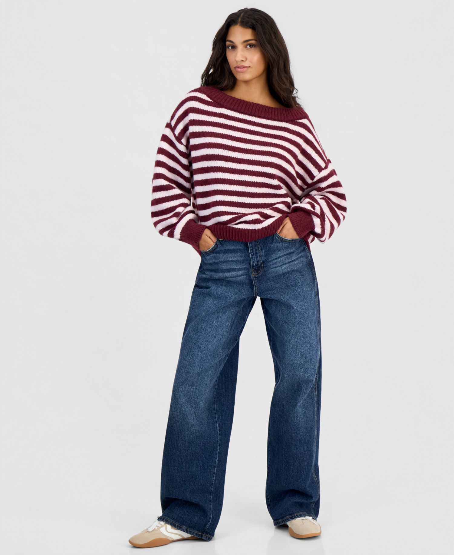 Juniors' Slouchy Striped Balloon-Sleeve Sweater