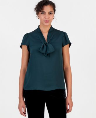 Women's Satin Tie-Neck Flutter-Sleeve Short-Sleeve Blouse