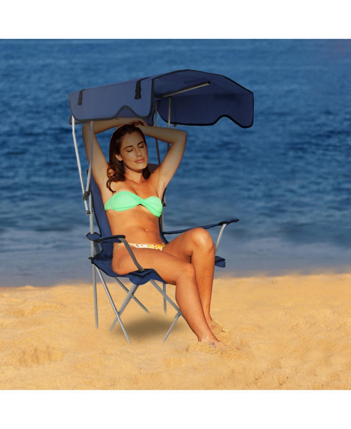 Mountaintop Foldable Beach Canopy Chair, Sun Protection Camping Chair with Cup Holder, 330 lb Capacity, Folding Seat for Beach & Travel