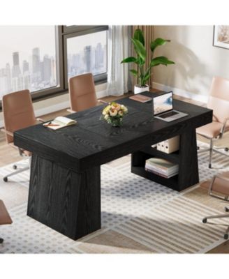4.59 ft Conference Table for 4-6: 55" rectangle meeting table with drawer and shelves, Farmhouse seminar boardroom desk for office