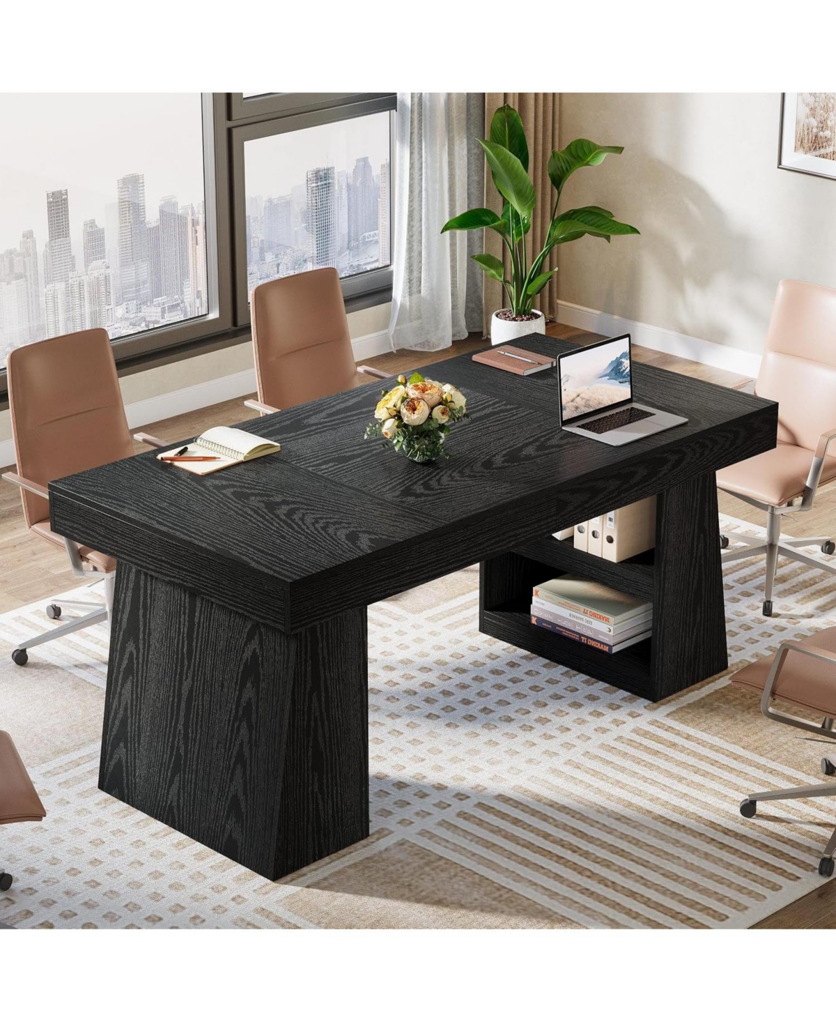 Tribesigns 4.59 ft Conference table for 4-6: 55" rectangle meeting with drawer and shelves. Farmhouse seminar boardroom desk office.
