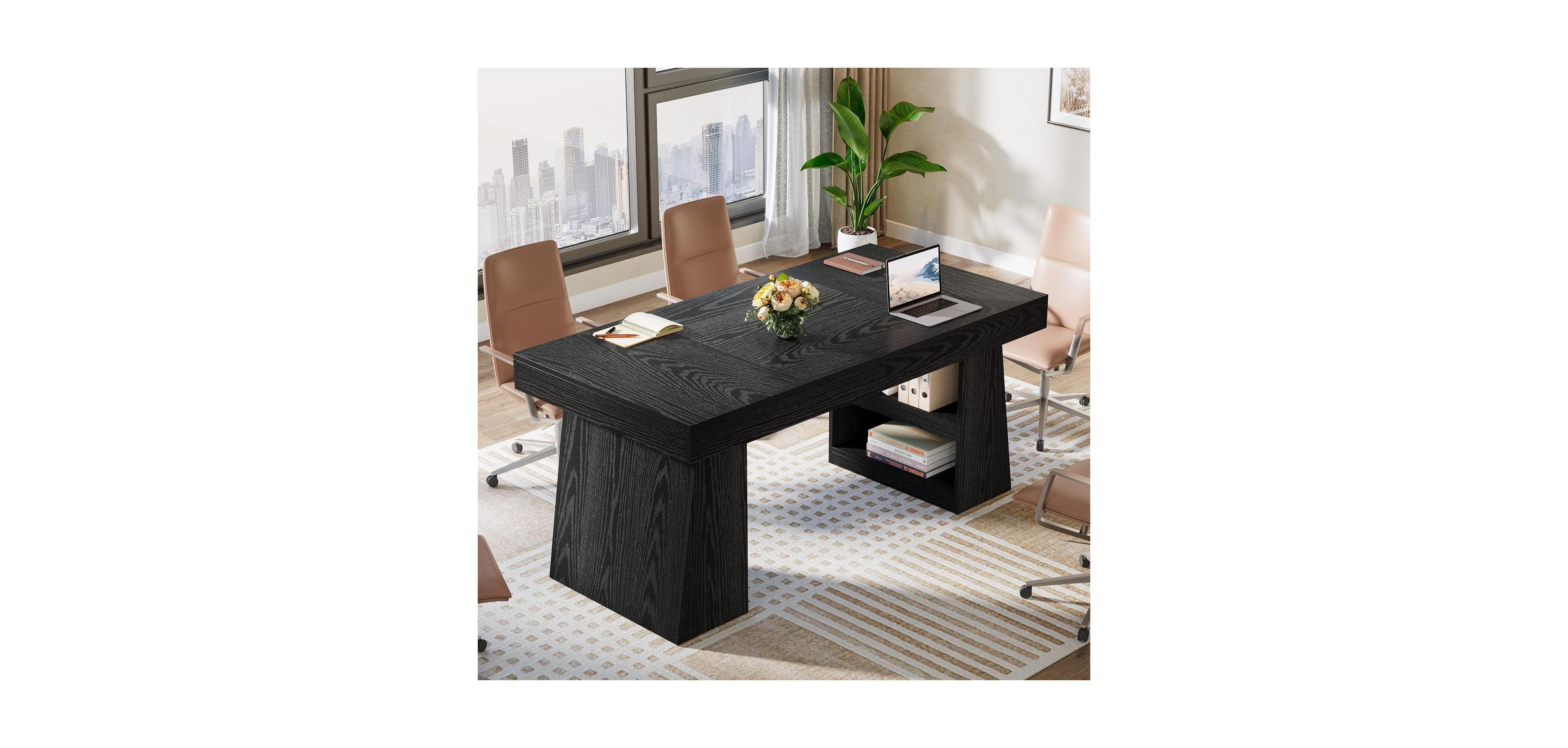 Tribesigns 4.59 ft Conference table for 4-6: 55" rectangle meeting with drawer and shelves. Farmhouse seminar boardroom desk office.