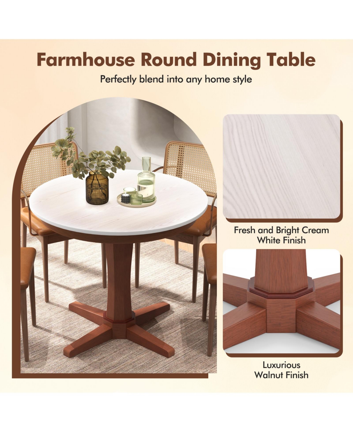 Mecale 35-Inch Round Wooden Dining Table with Pedestal Base