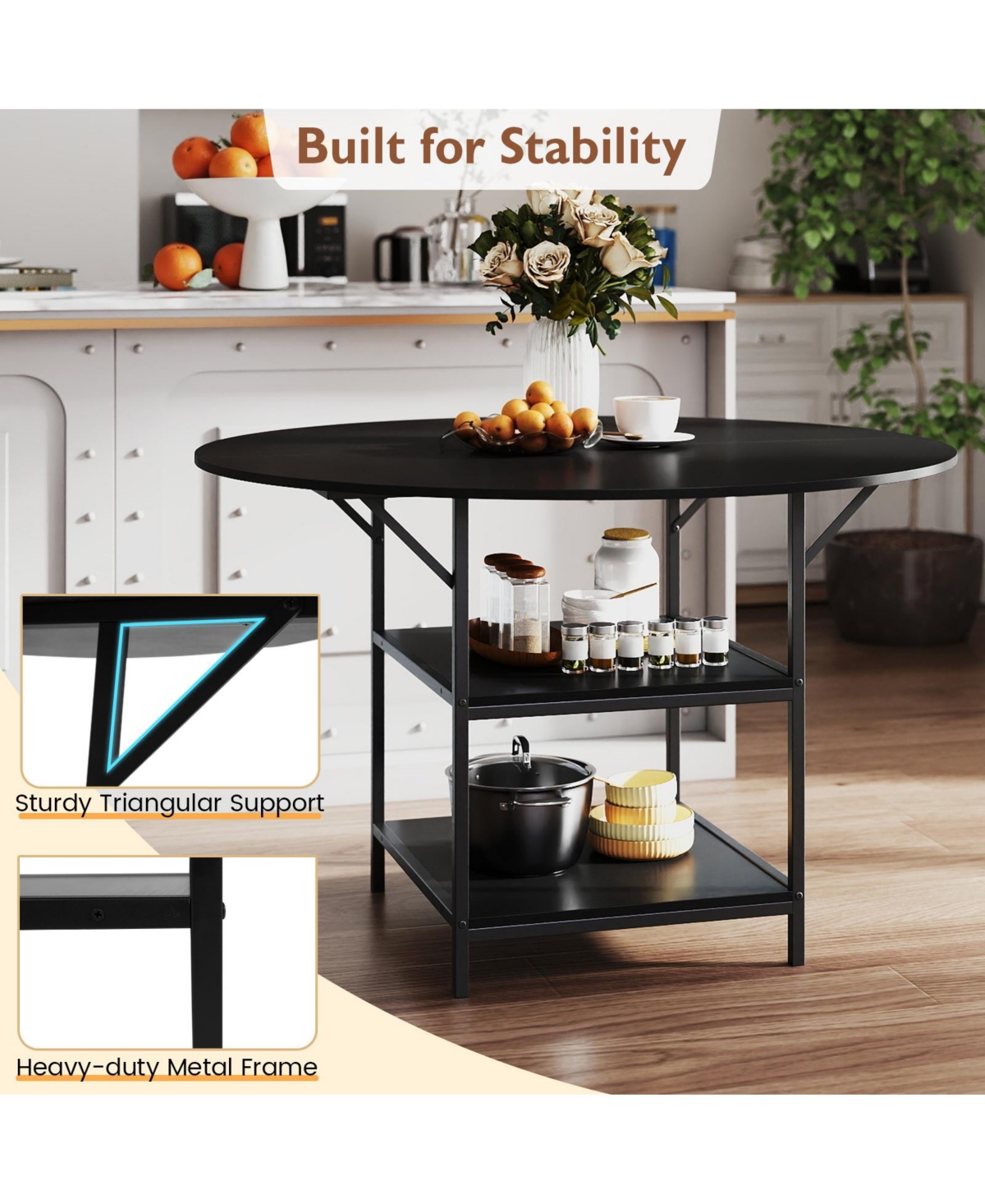 Mecale 47-Inch Round Dining Table for 4-6 with 2-Tier Storage Shelves