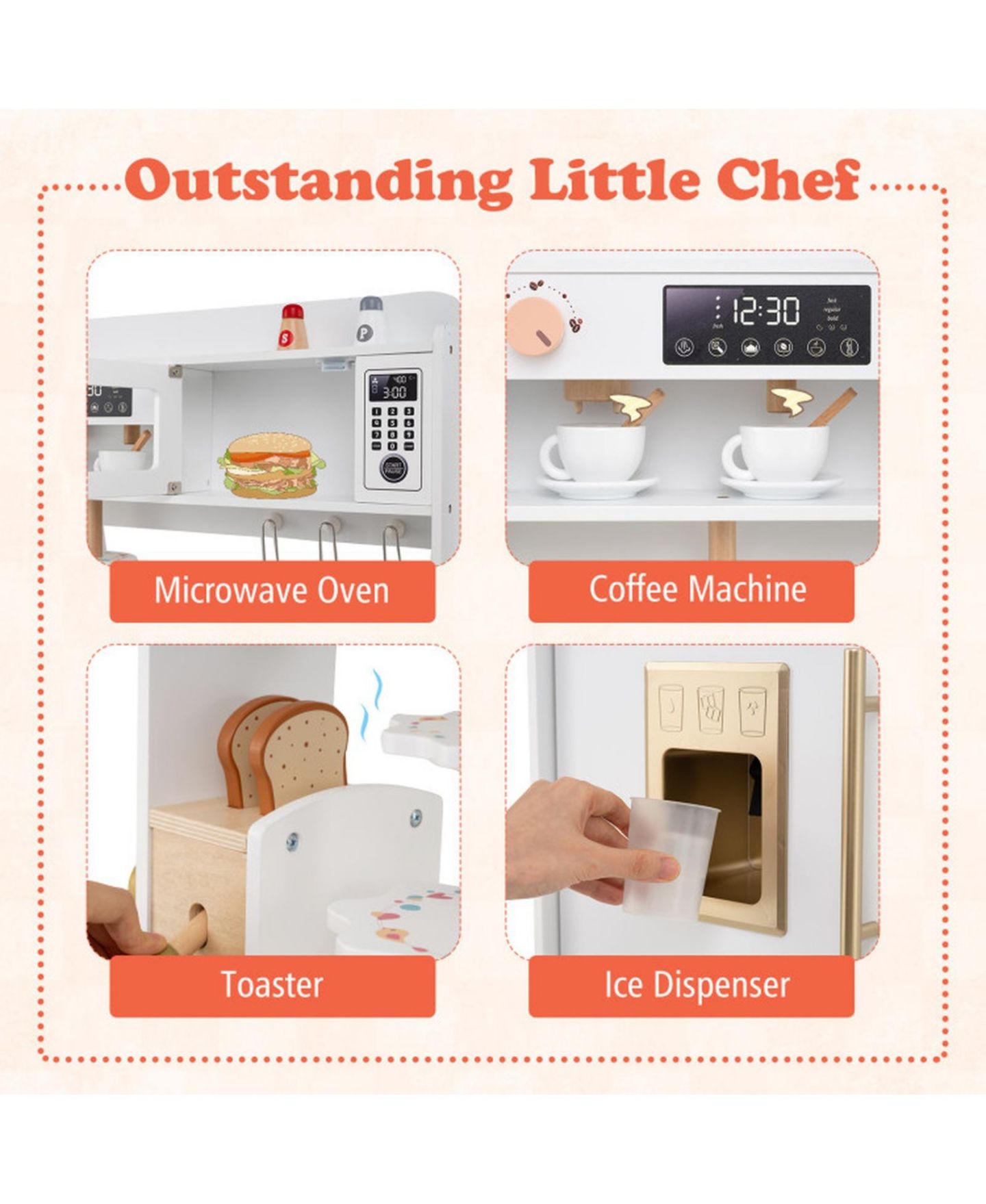 Детские игрушки SUGIFT Lights and Sounds 25-Piece Wooden Play Kitchen, Ages 3+, цвет: Белый — фото 6
