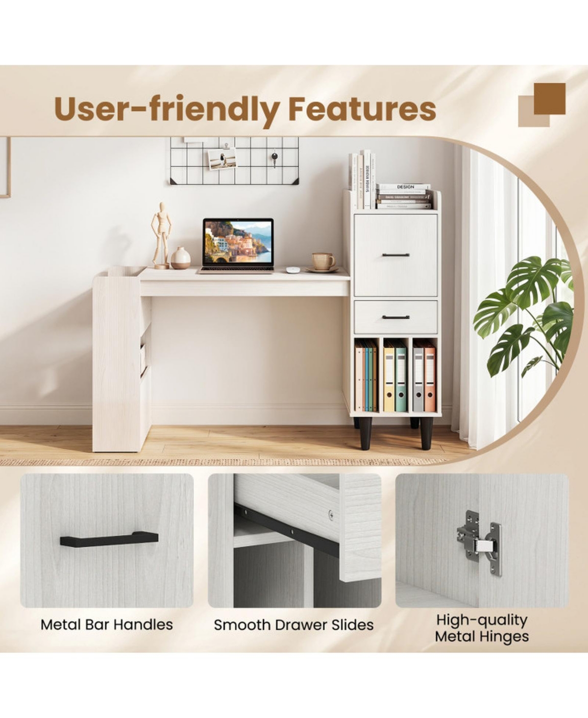 Sugift 59 Inch Home Office Desk with Side Storage Shelves Drawer and Cabinet Modern Computer Workstation