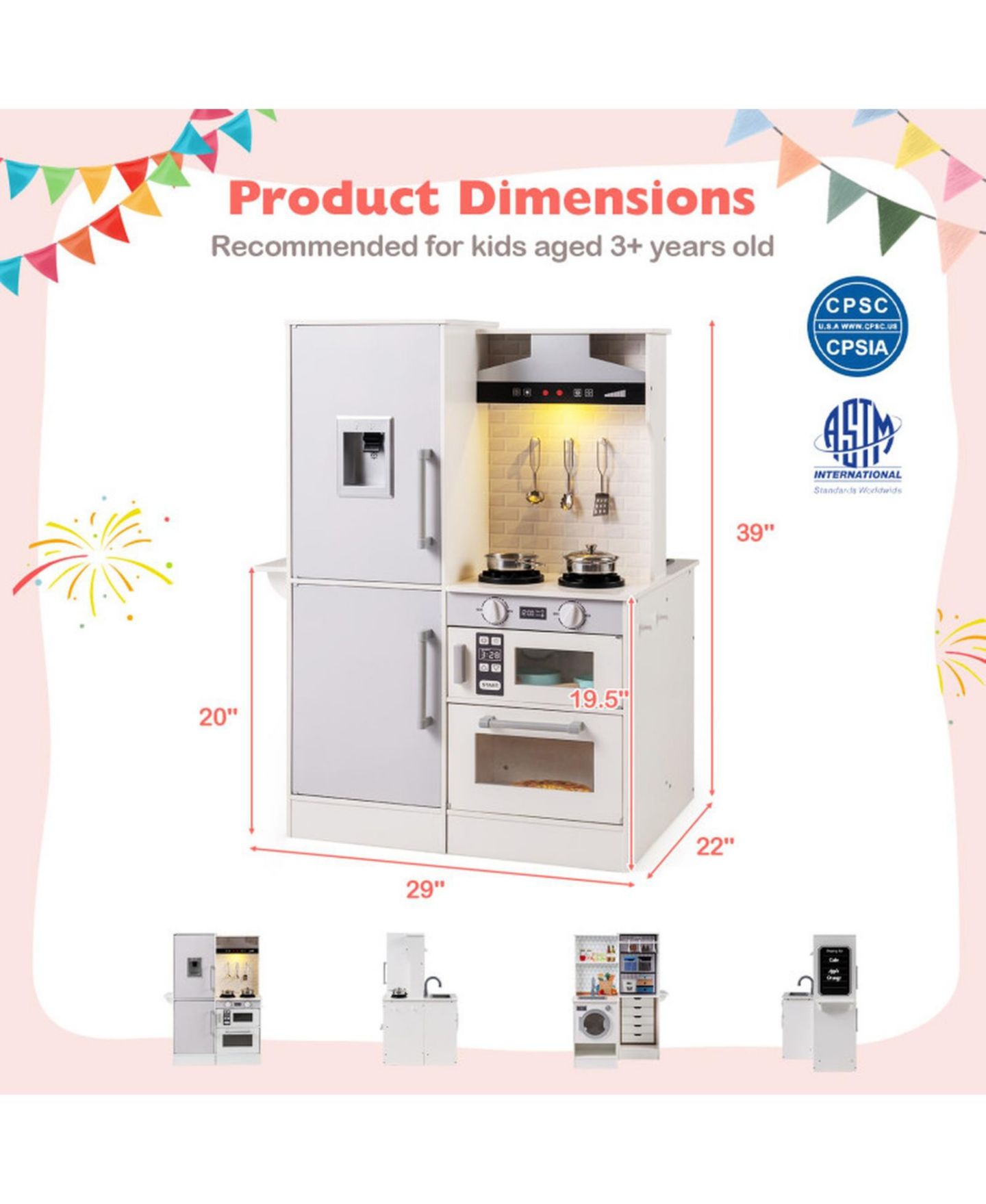 Детская игрушка SUGIFT Double-Sided Toddler Play Kitchen with Water Dispenser and Luminous Range Hood Ages 3 Plus, цвет: Белый — фото 3