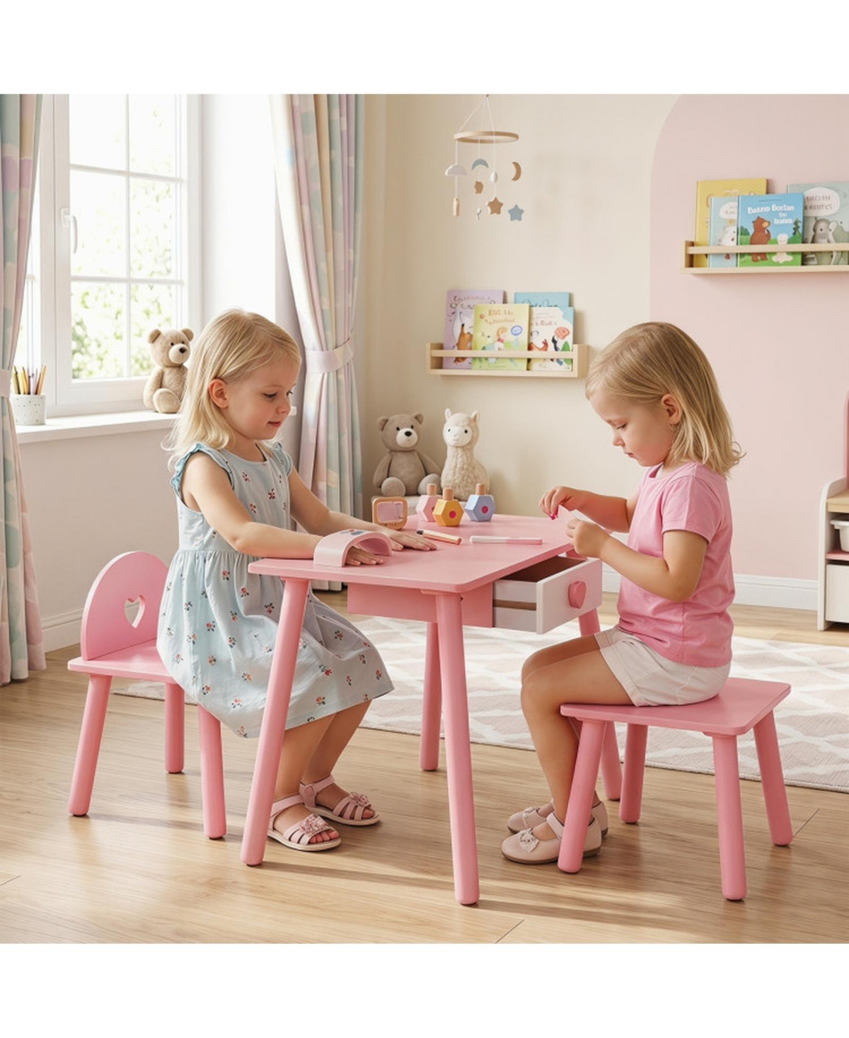 Sugift 2-in-1 Wooden Vanity Table with Chair and Stool Set, Ages 3+