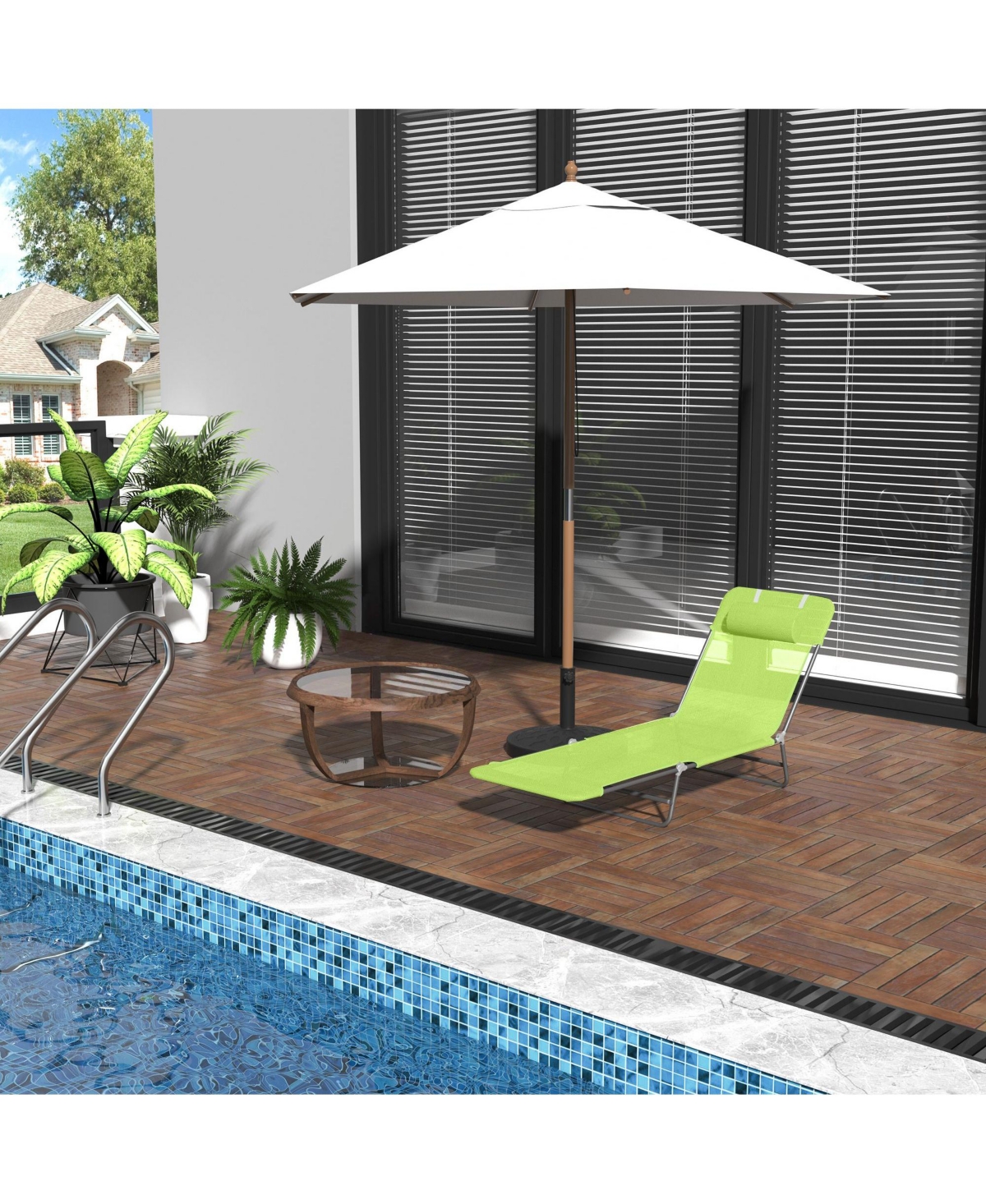 Mountaintop Folding Chaise Lounge Chair, Green, Portable, 6-Level Adjustable Back, Pillow Included, Ideal for Patio, Garden, Beach